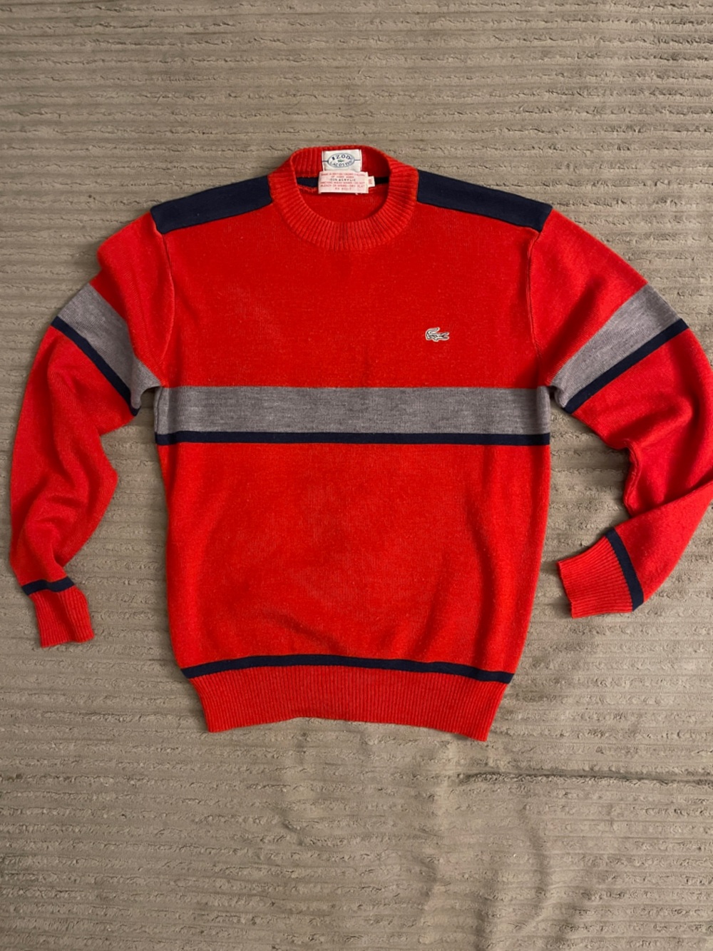 Lacoste Red Crewneck Sweater with Gray & Navy Stripes